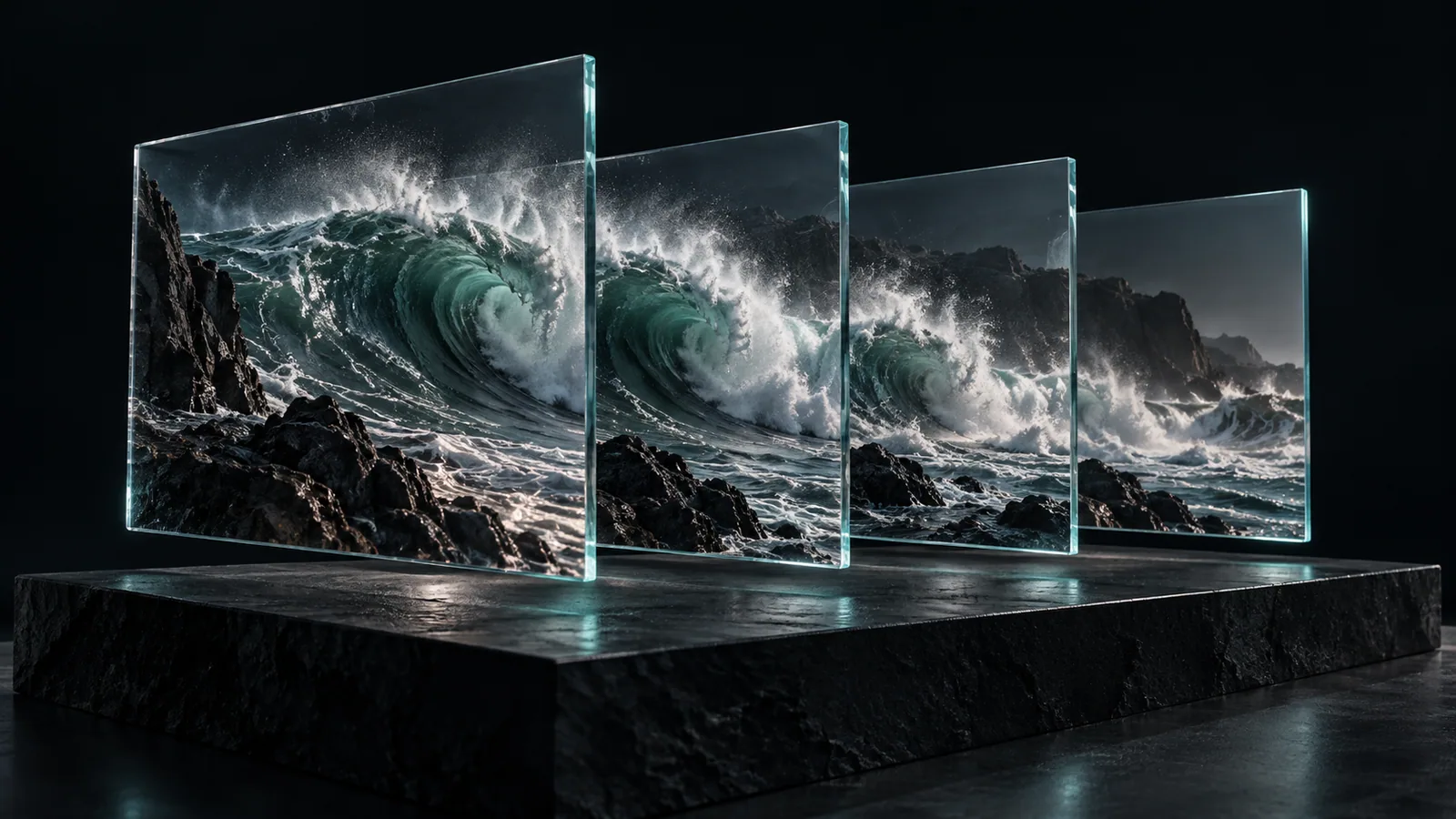 Ocean waves unfolding across successive glass-like cinematic frames on a dark stone stage.