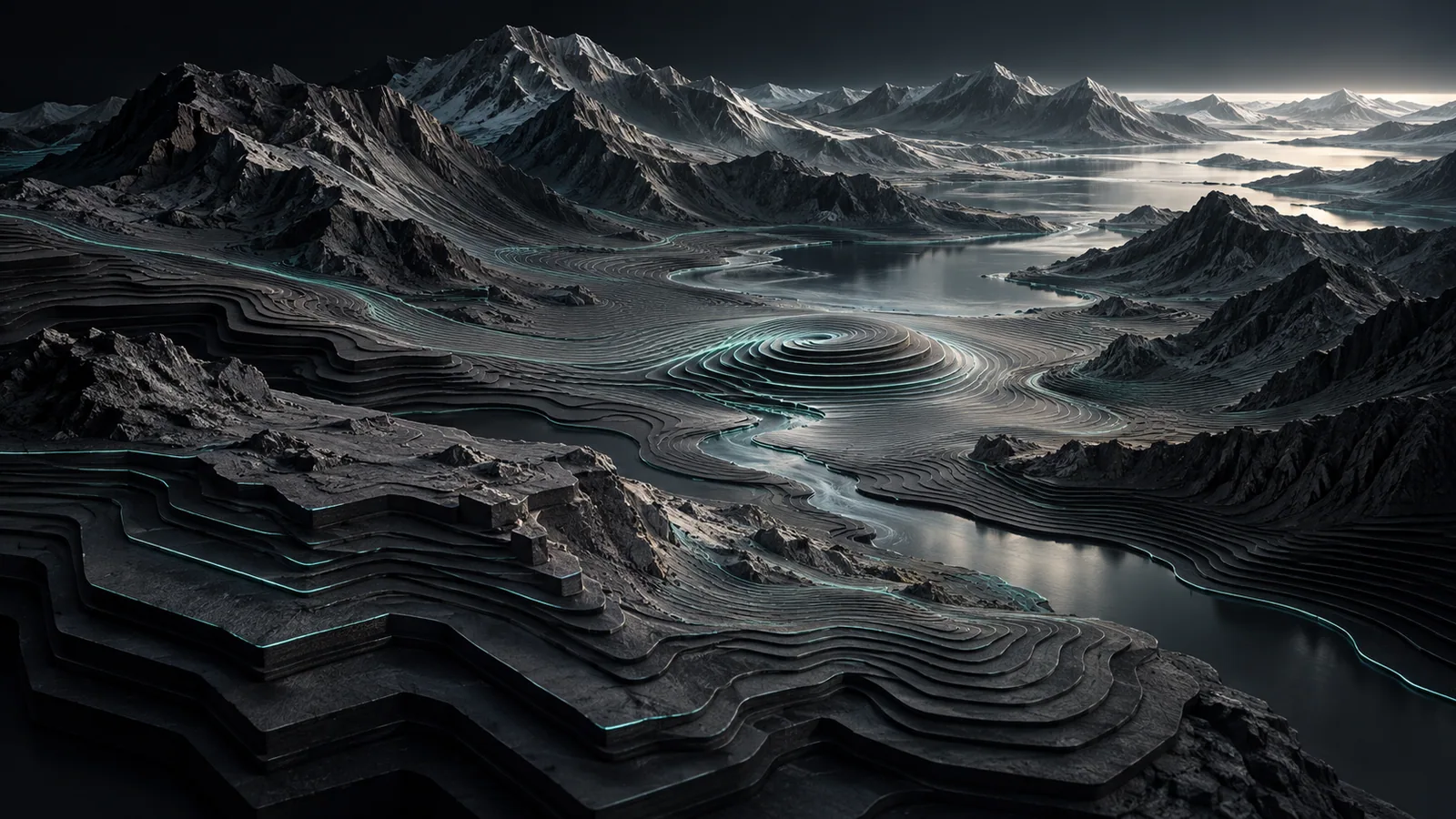A sculptural mountain valley made from graphite contour layers, changing around a gentle circular disturbance.